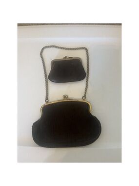 1930s Victorian leather Brown Wavy Evening Bag Clutch Purse with coin purse